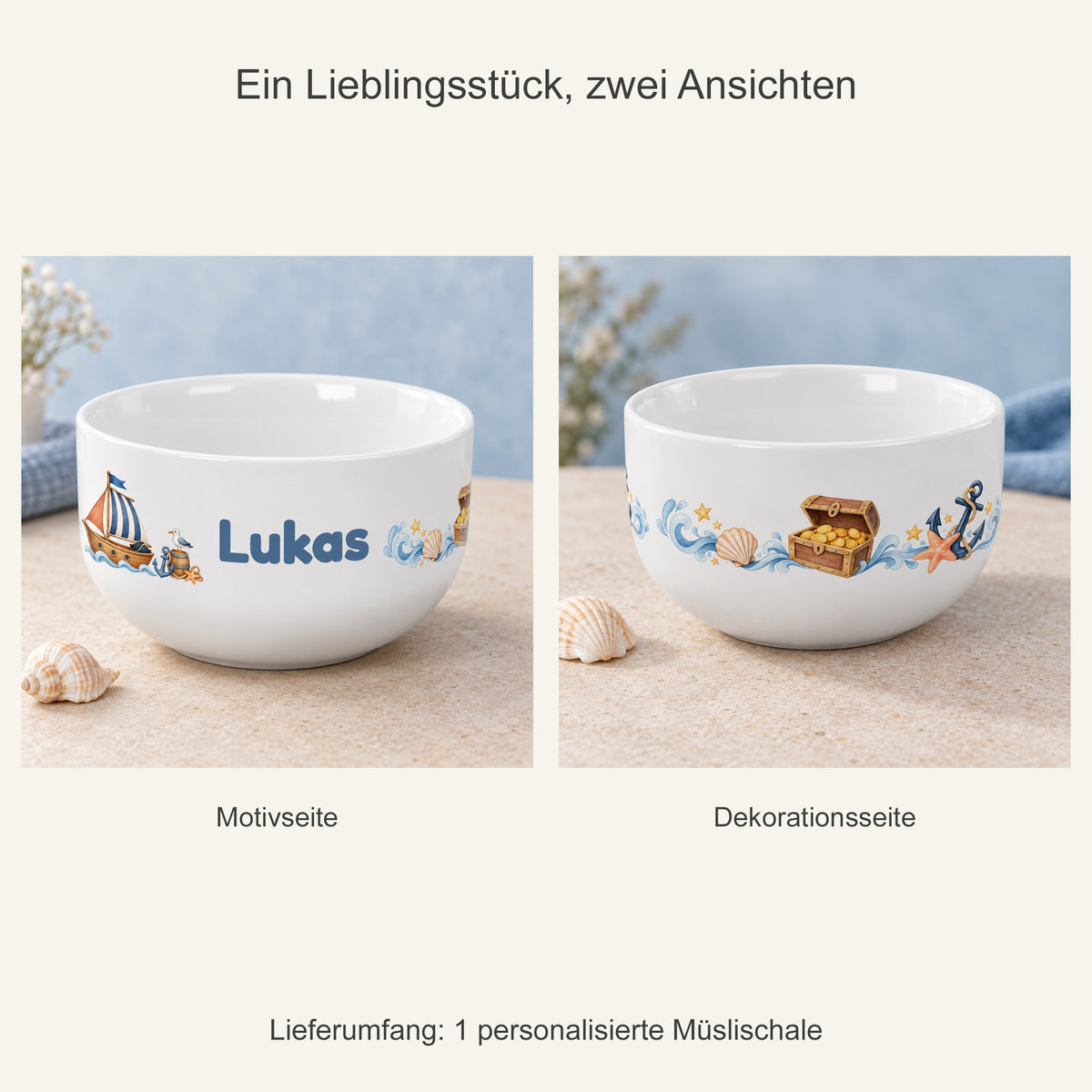 Zwei Ansichten einer einzelnen Müslischale mit Piratenschiff-Motiv