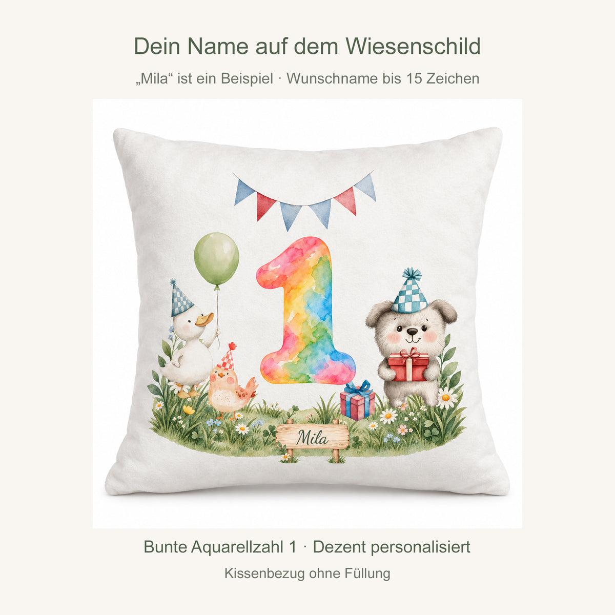 Personalisierung: Beispielname Mila auf dem Wiesenschild; fester Geburtstag 1 und Wunschname bis 15 Zeichen.