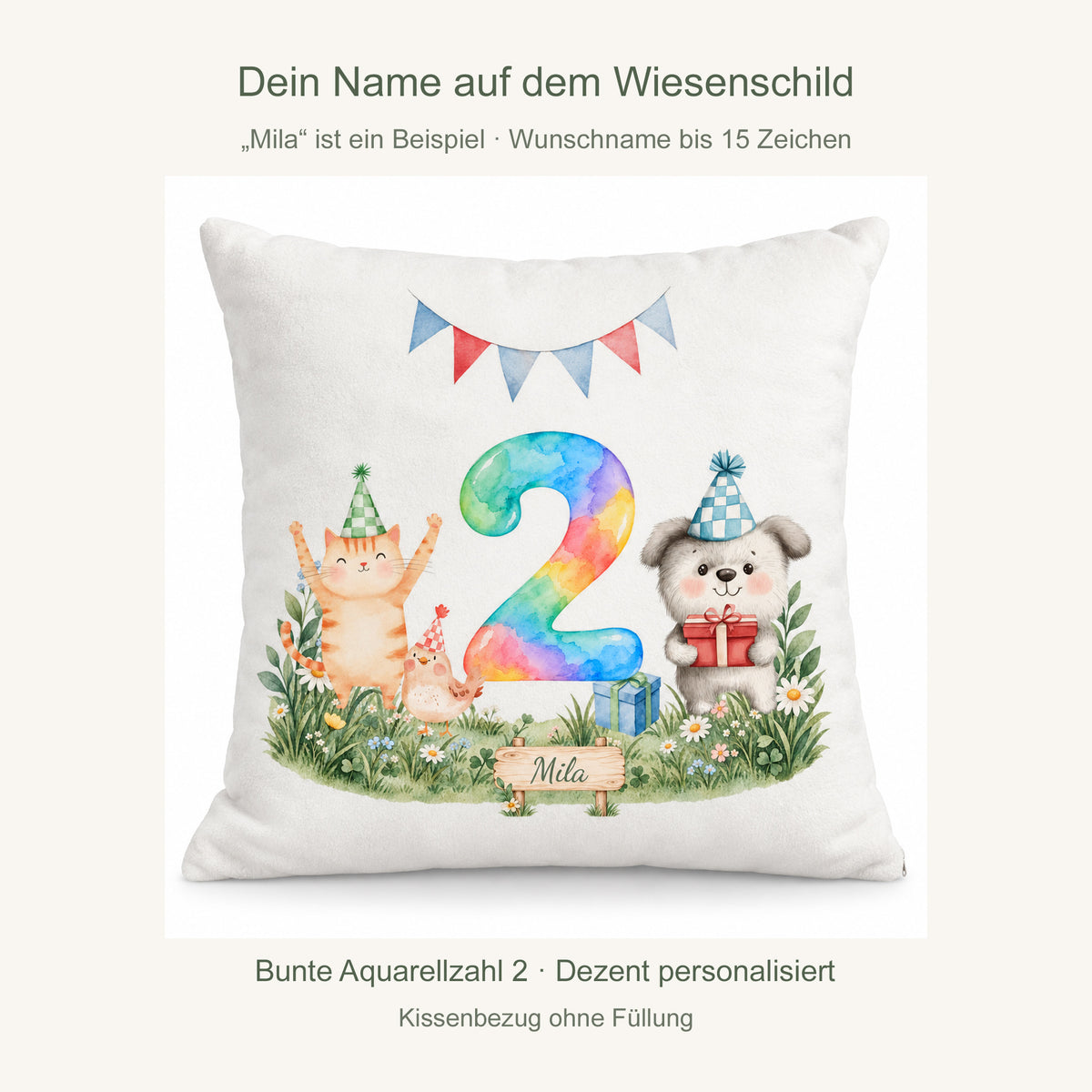 Personalisierung: Beispielname Mila auf dem Wiesenschild; fester Geburtstag 2 und Wunschname bis 15 Zeichen.