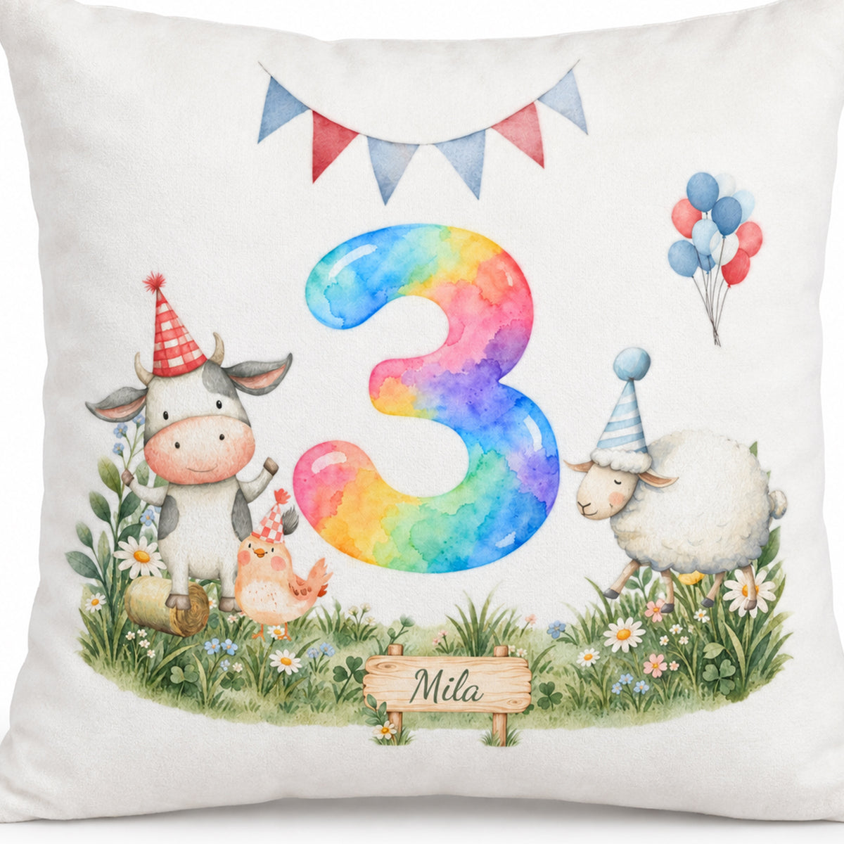 Bedruckte Vorderseite mit Aquarellzahl 3, Tierparty und Mila auf dem Wiesenschild.