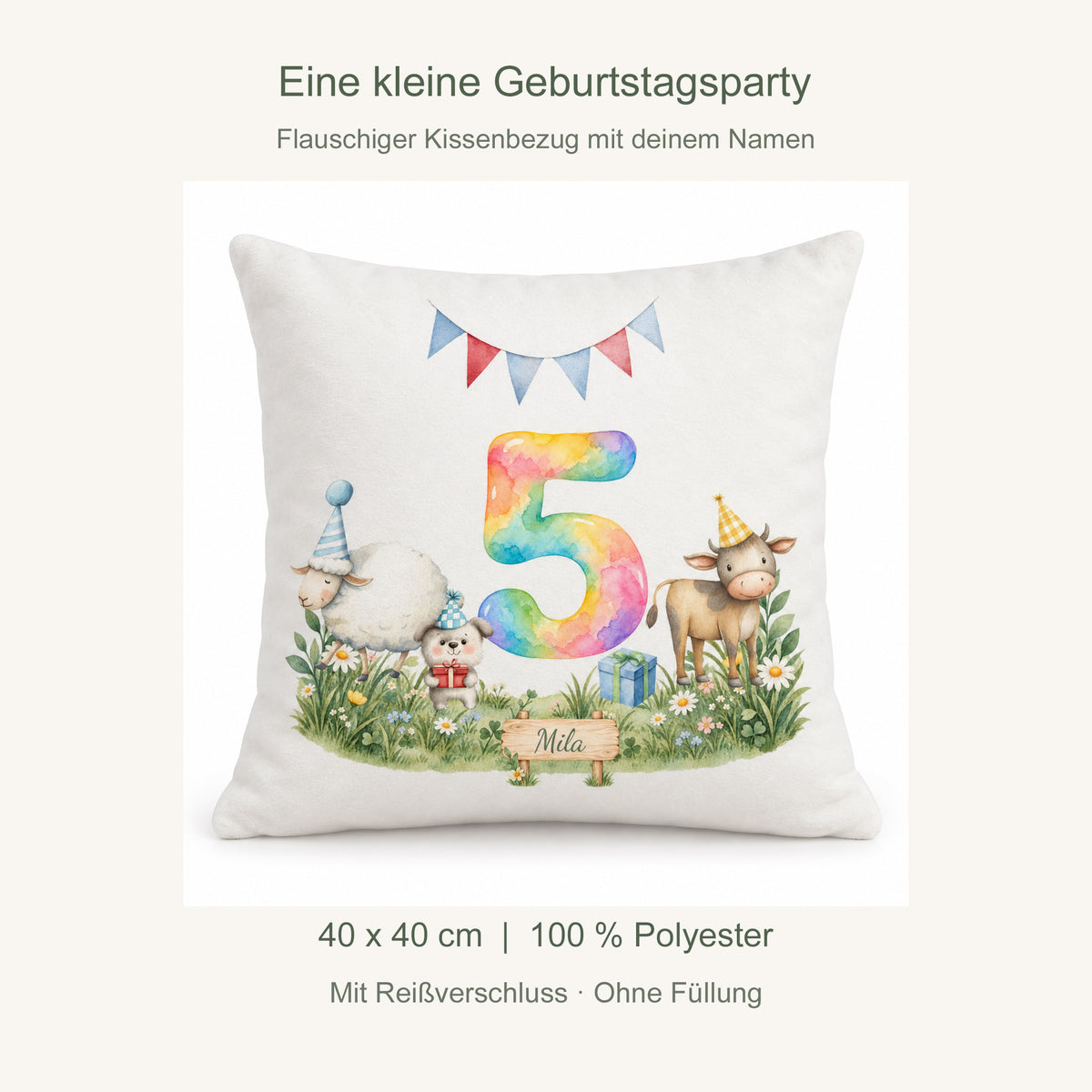 Produktdetails: Kissenbezug 40 x 40 cm, 100 % Polyester, mit Reißverschluss, ohne Füllung; Zahl 5.