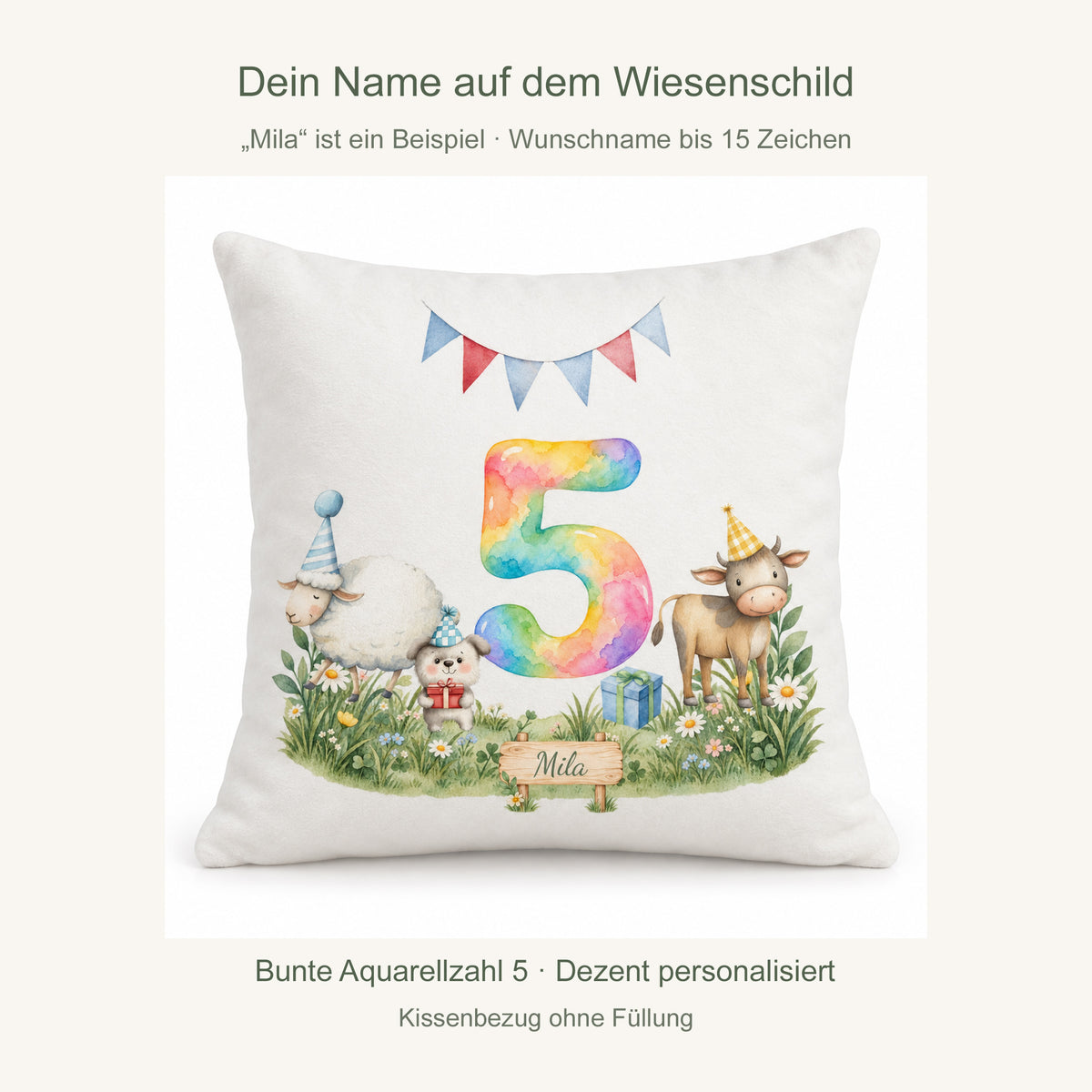 Personalisierung: Beispielname Mila auf dem Wiesenschild; fester Geburtstag 5 und Wunschname bis 15 Zeichen.