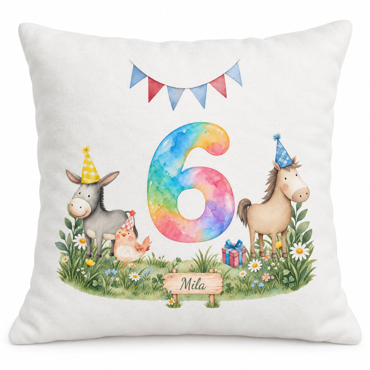 Flauschiger Kissenbezug zum 6. Geburtstag mit bunter Aquarellzahl, esel, pferd und huhn und Beispielname Mila.