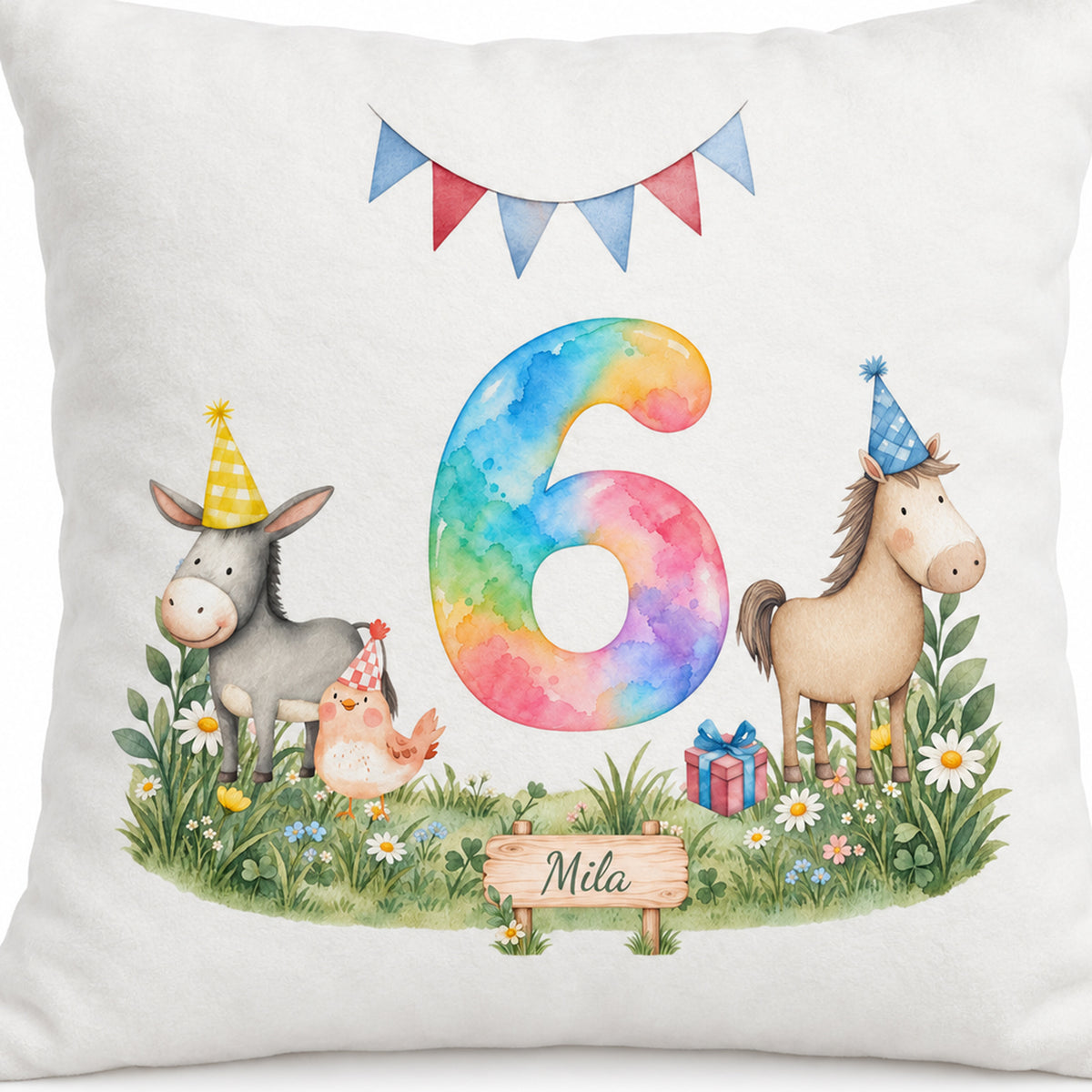 Bedruckte Vorderseite mit Aquarellzahl 6, Tierparty und Mila auf dem Wiesenschild.