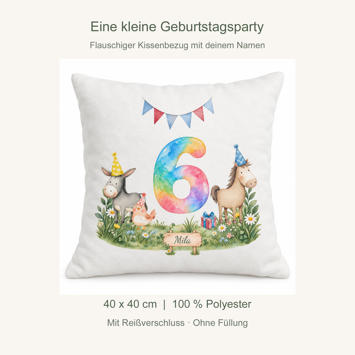 Produktdetails: Kissenbezug 40 x 40 cm, 100 % Polyester, mit Reißverschluss, ohne Füllung; Zahl 6.