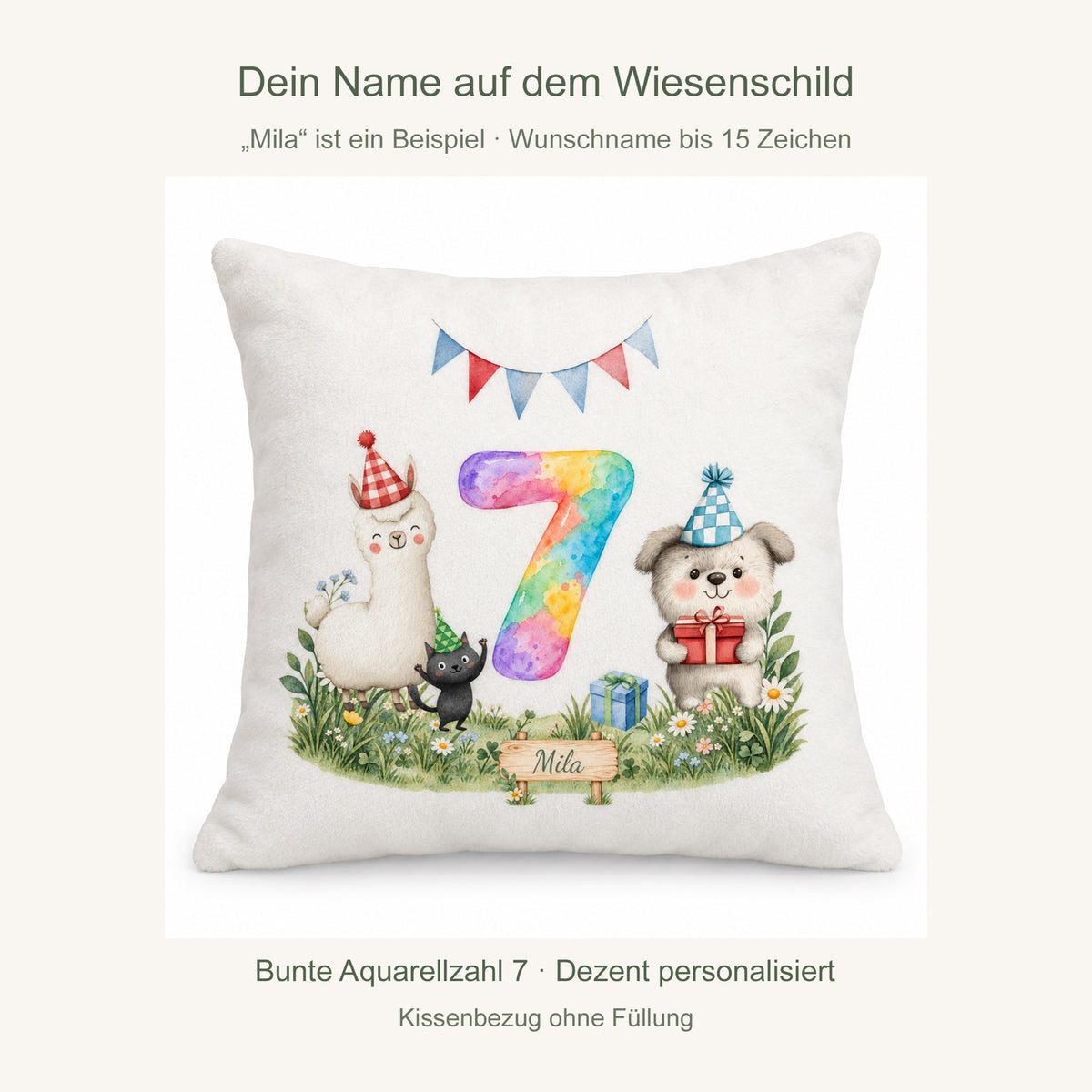 Personalisierung: Beispielname Mila auf dem Wiesenschild; fester Geburtstag 7 und Wunschname bis 15 Zeichen.