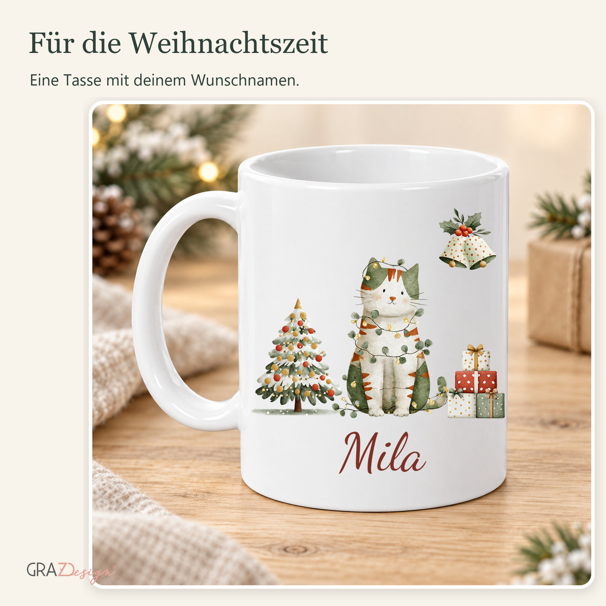 Weihnachtskatze: personalisierte Weihnachtstasse mit Name Mila, Ansicht 8 von 8