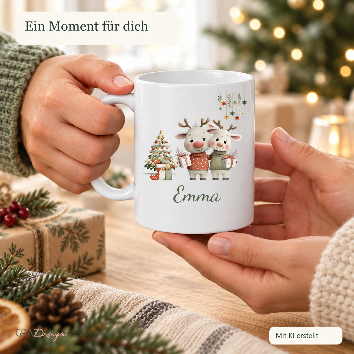Rentierfreunde: personalisierte Weihnachtstasse mit Name Emma, Ansicht 7 von 8