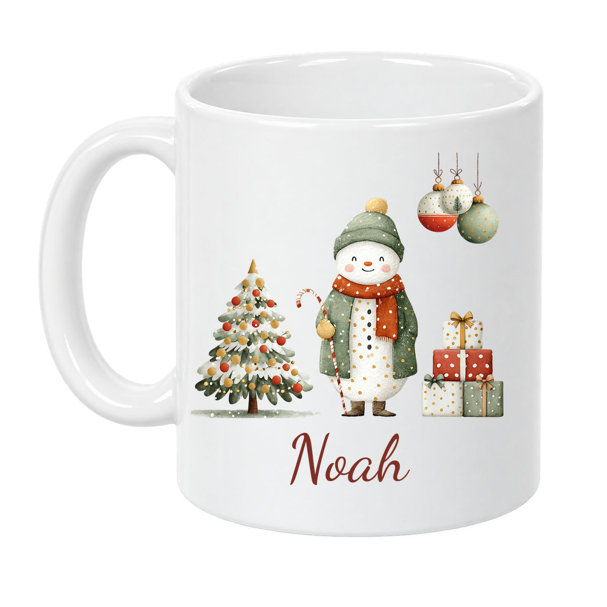 Fröhlicher Schneemann: personalisierte Weihnachtstasse mit Name Noah, Ansicht 1 von 8