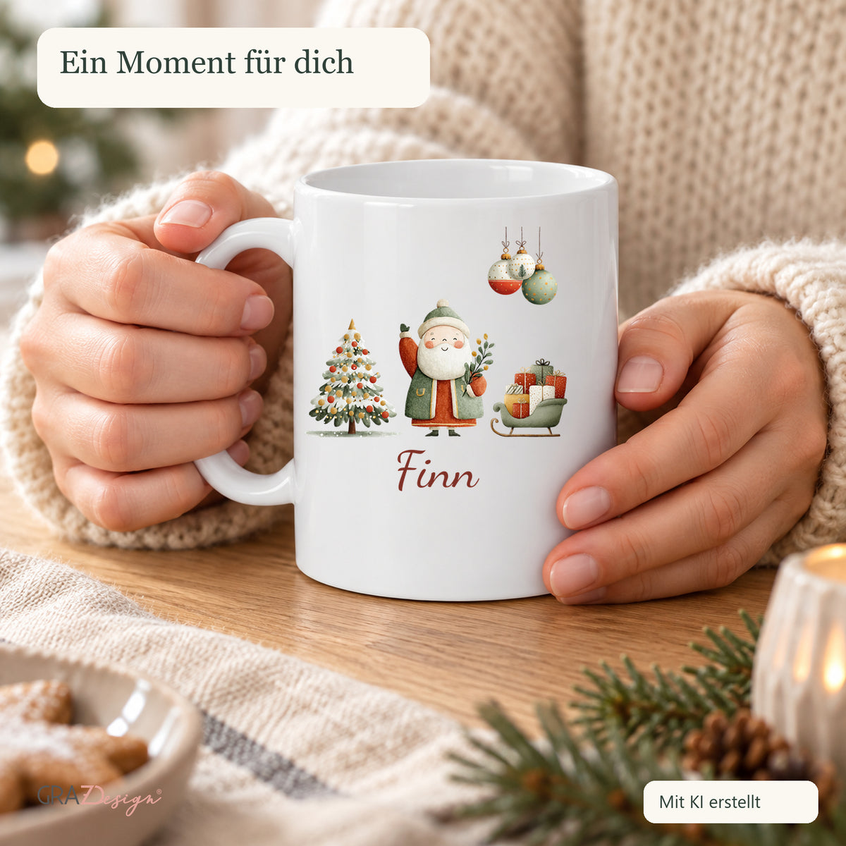 Weihnachtsmann mit Geschenken: personalisierte Weihnachtstasse mit Name Finn, Ansicht 7 von 8