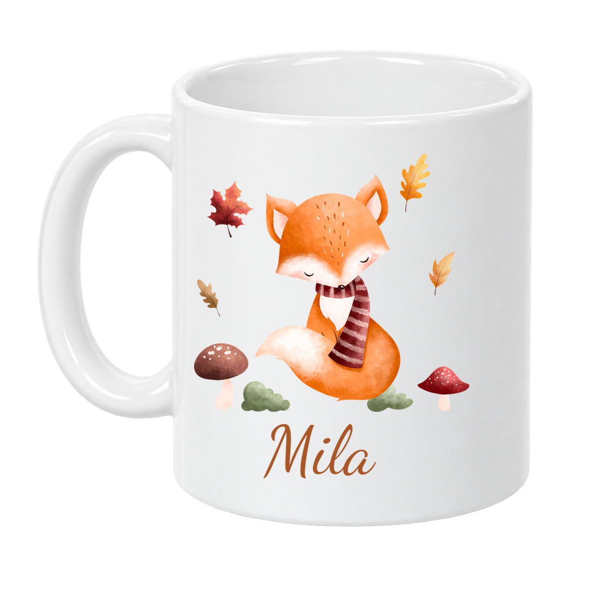 Weiße Herbsttasse mit Fuchs und Beispielname Mila, Vorderansicht