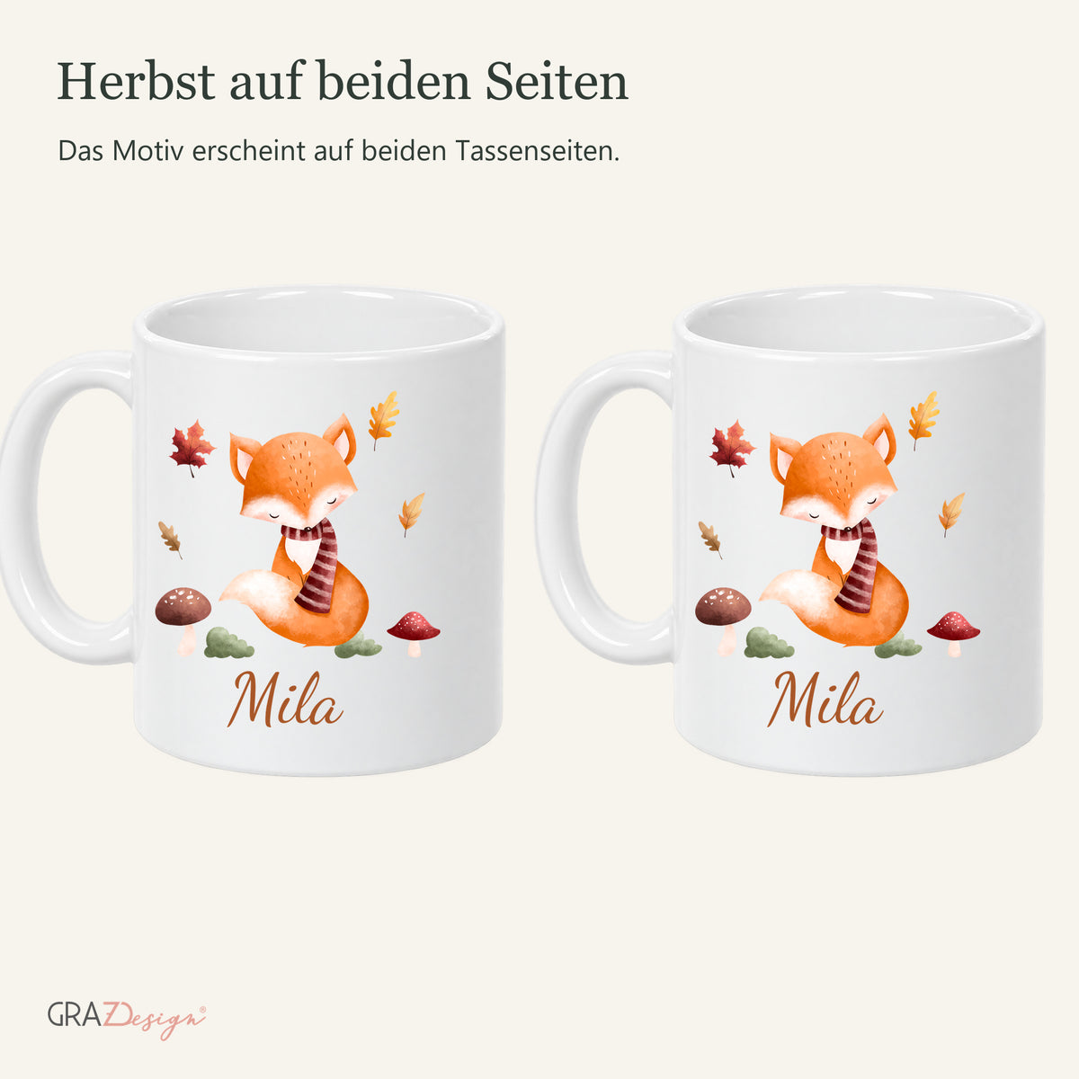 Beide bedruckten Seiten der Herbsttasse mit fuchs und Name