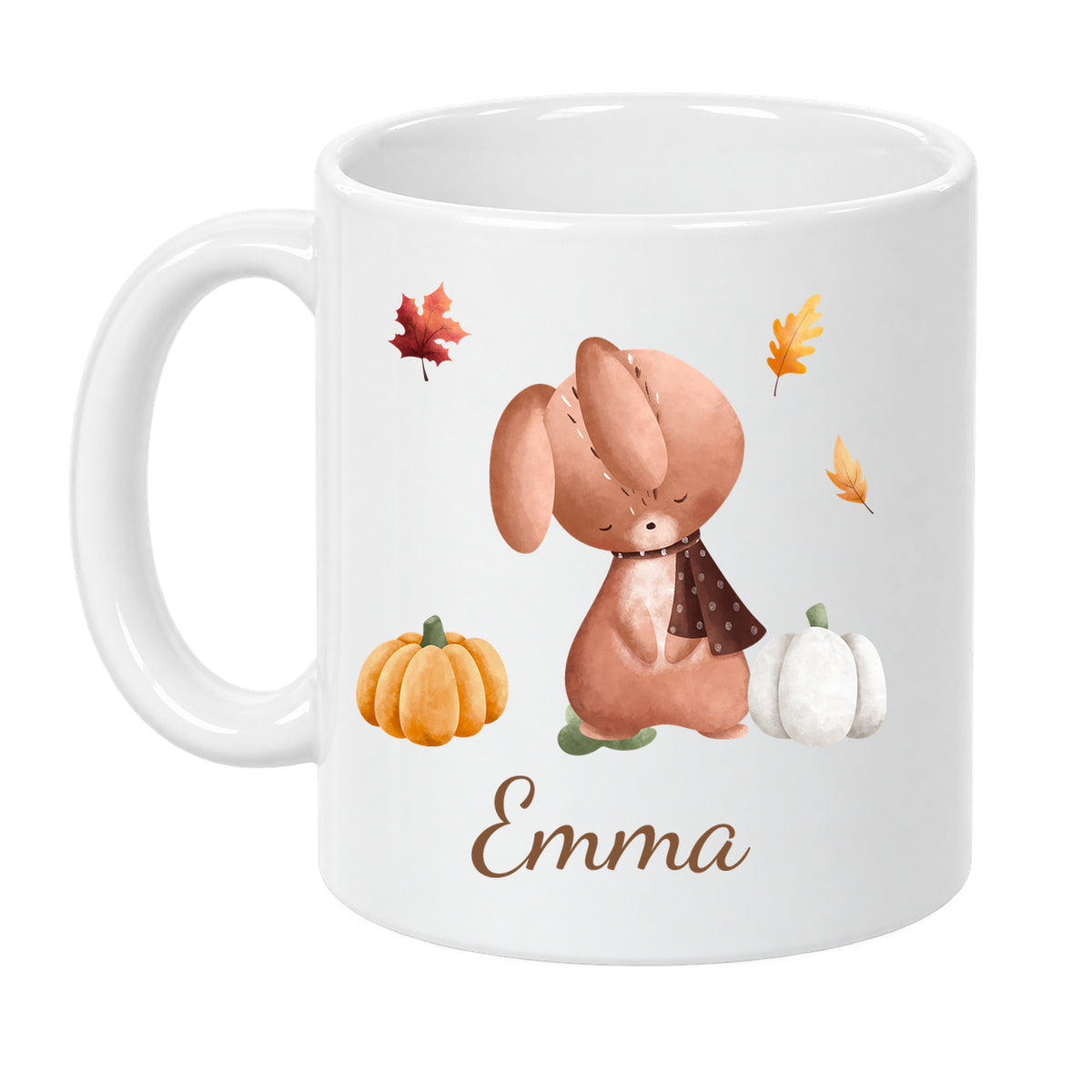 Weiße Herbsttasse mit hase und Beispielname Emma, Vorderansicht