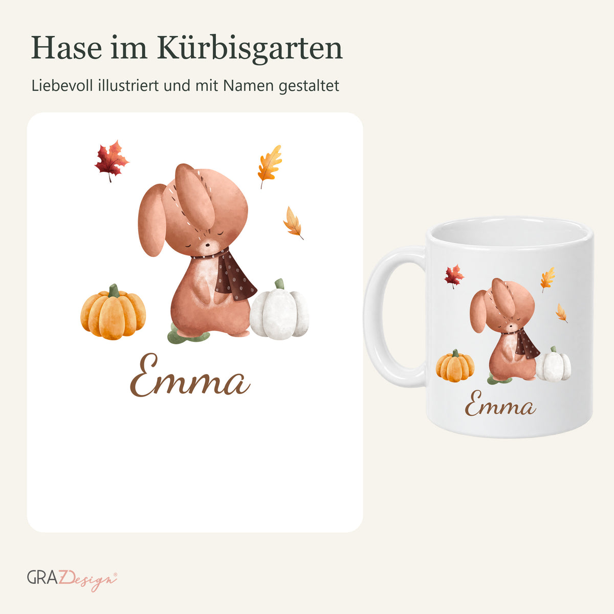 Detail des hasemotivs und vollständige weiße Keramiktasse