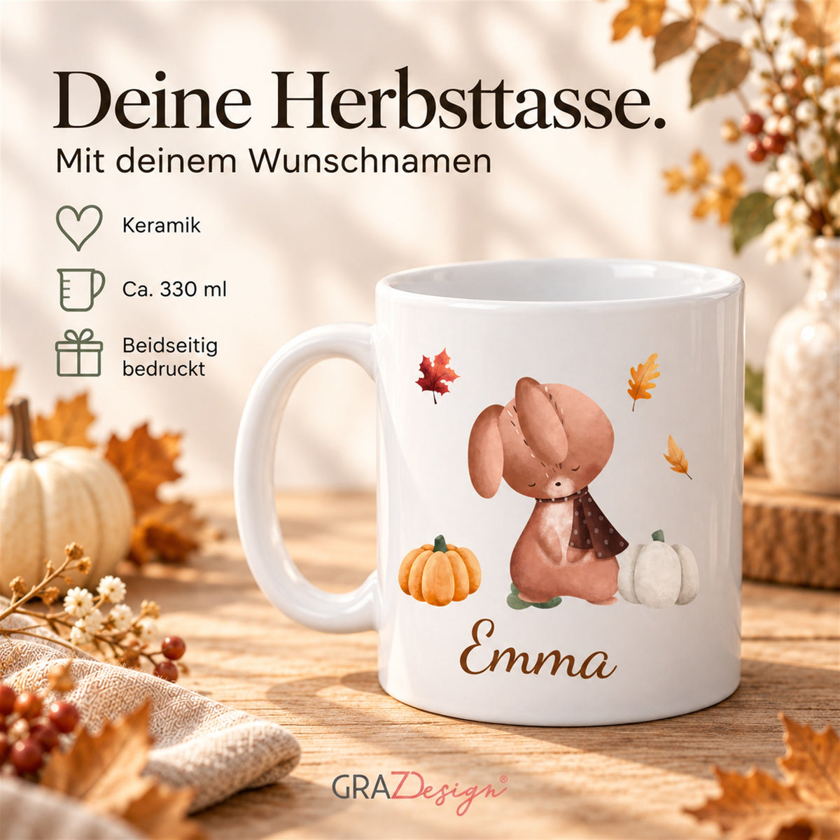 Herbsttasse mit Hase, weiße Keramik, 330 ml, beidseitiger Druck