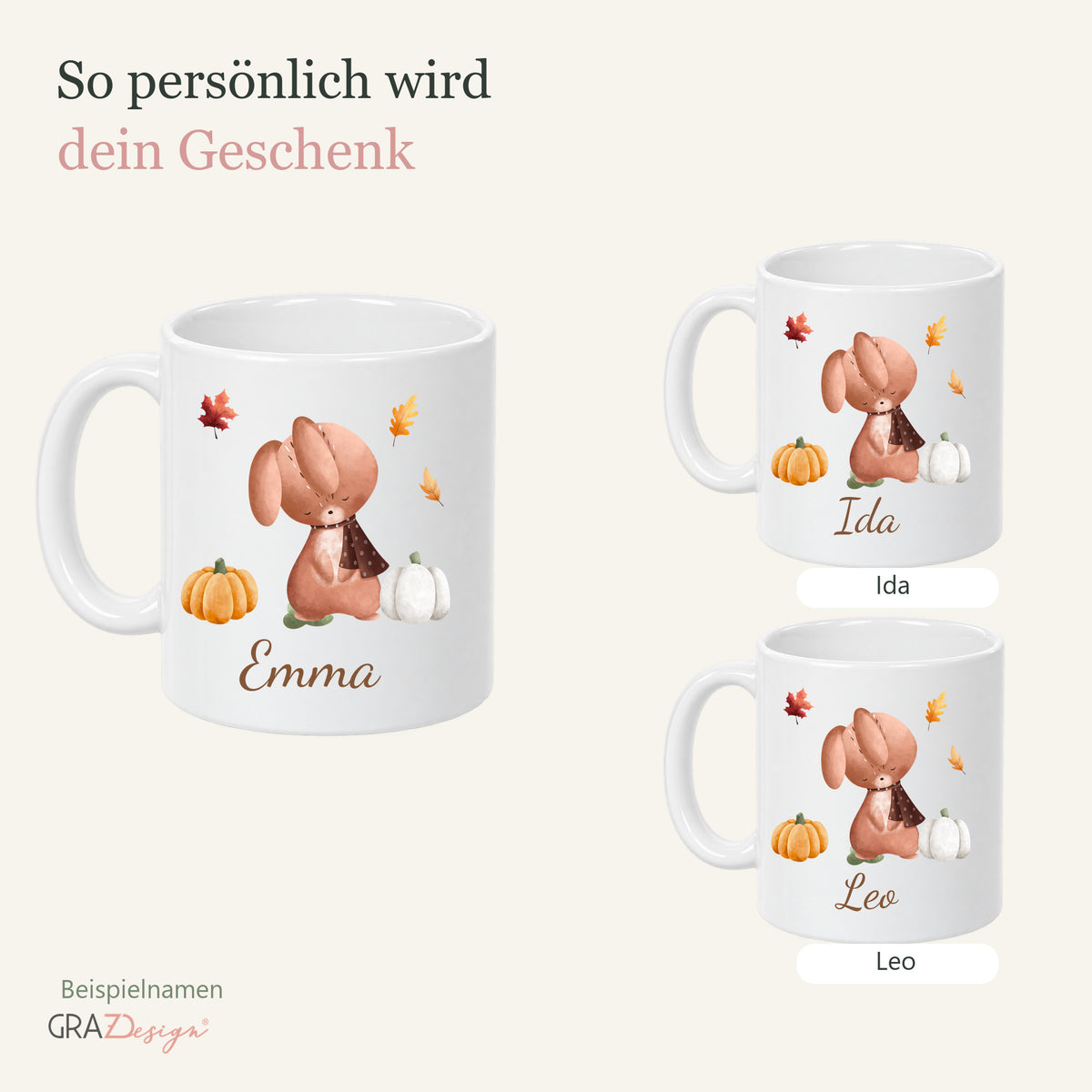 Herbsttasse mit hase und drei Beispielnamen Emma, Ida und Leo