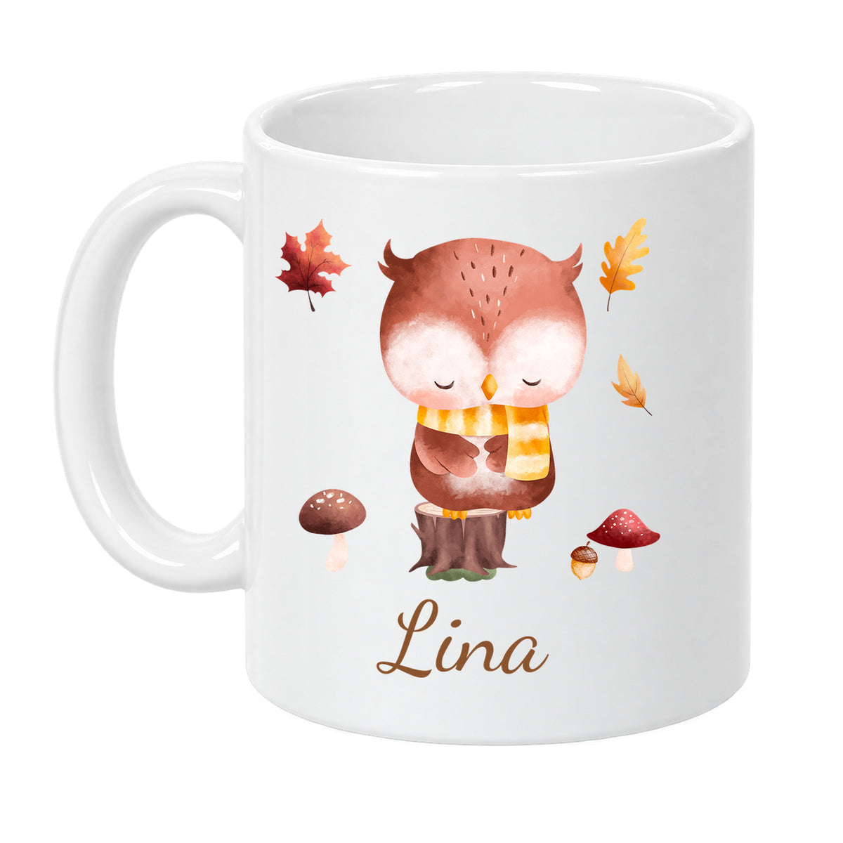 Weiße Herbsttasse mit eule und Beispielname Lina, Vorderansicht