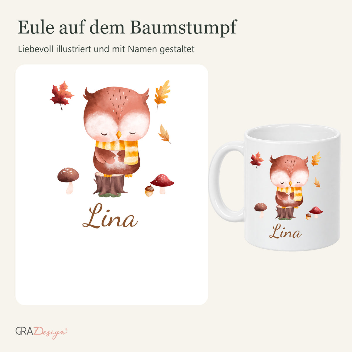 Detail des eulemotivs und vollständige weiße Keramiktasse