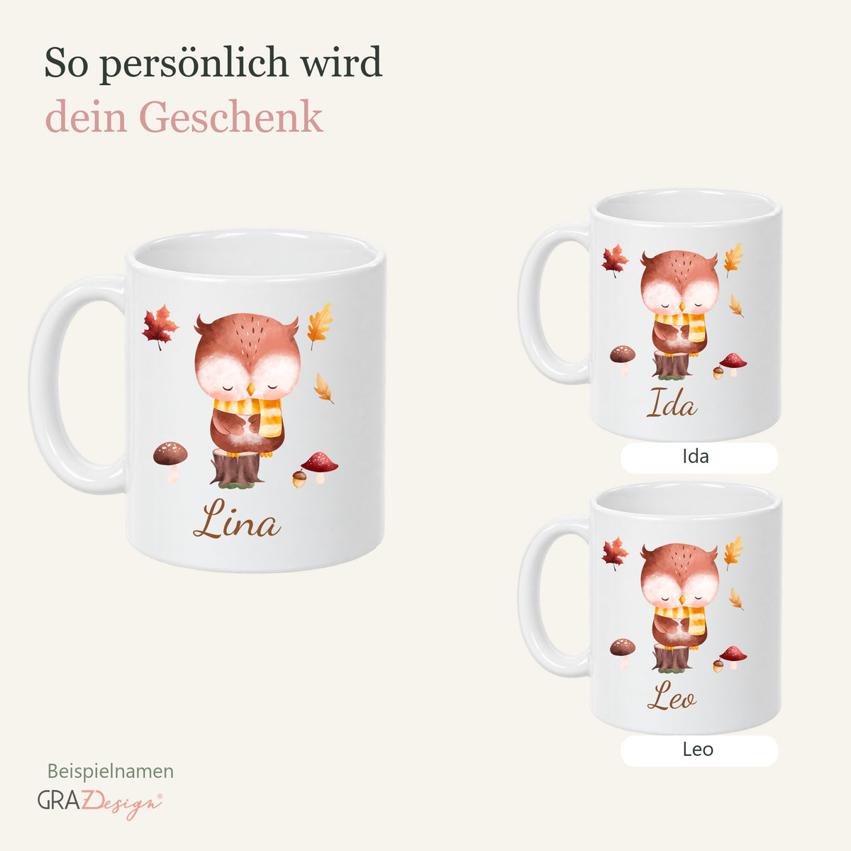 Herbsttasse mit eule und drei Beispielnamen Lina, Ida und Leo
