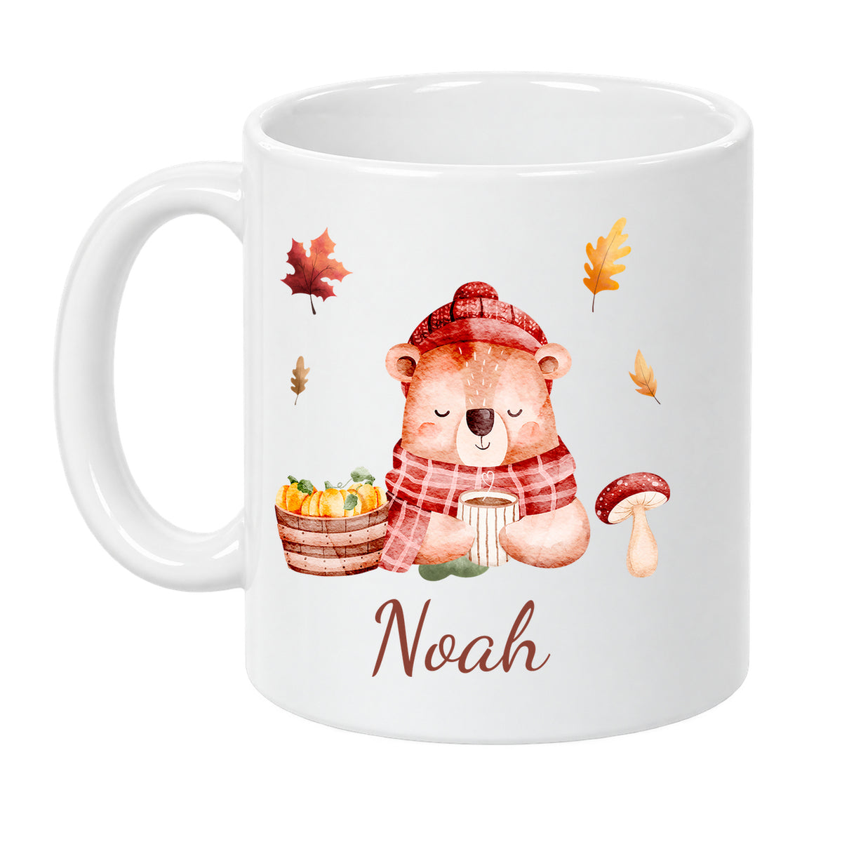 Weiße Herbsttasse mit bär und Beispielname Noah, Vorderansicht