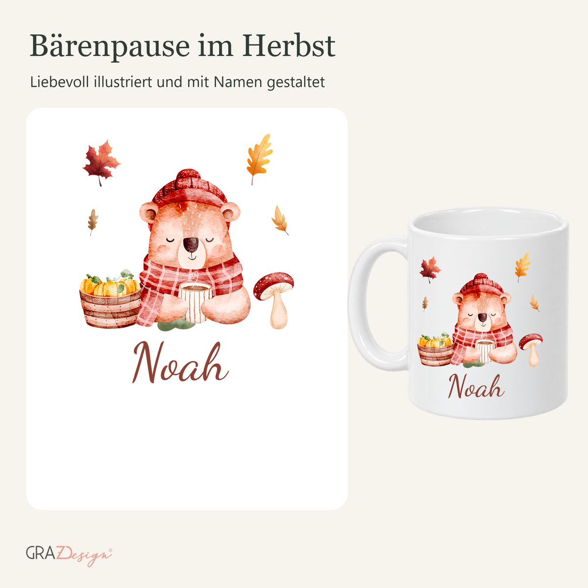 Detail des bärmotivs und vollständige weiße Keramiktasse