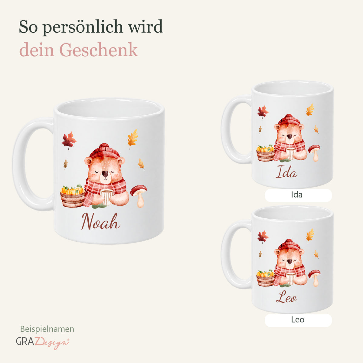 Herbsttasse mit bär und drei Beispielnamen Noah, Ida und Leo