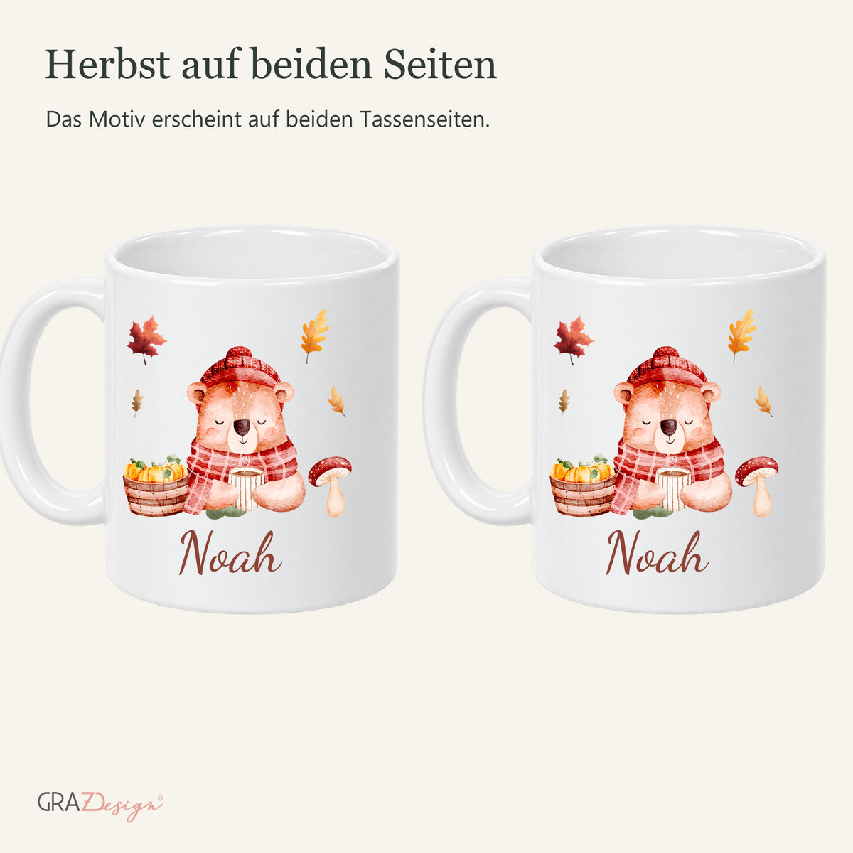 Beide bedruckten Seiten der Herbsttasse mit bär und Name