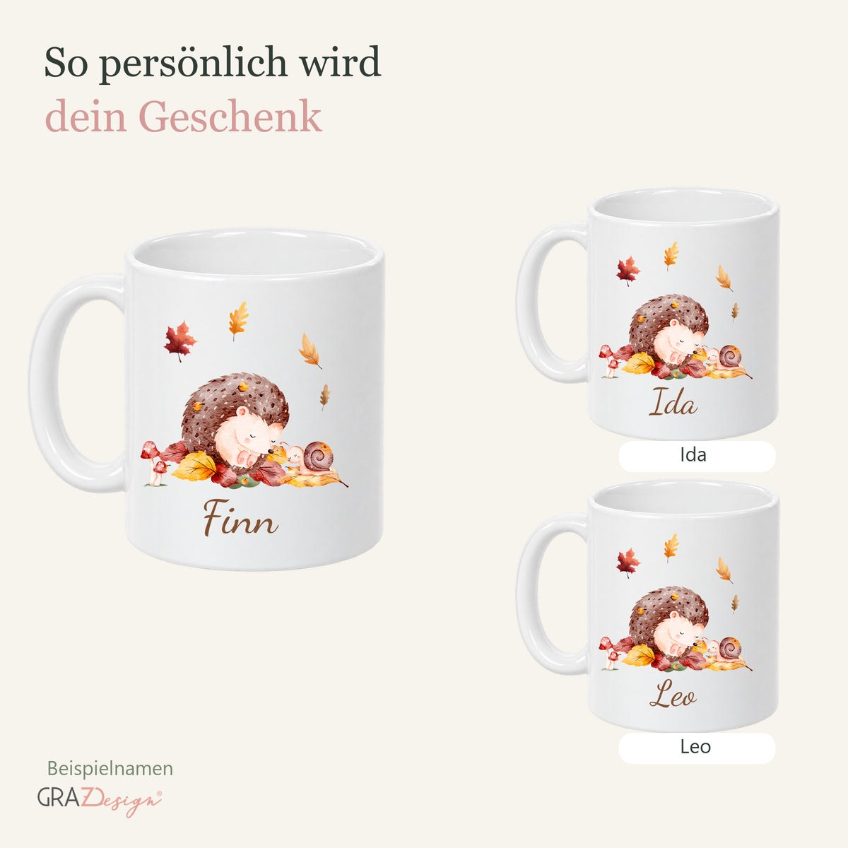 Herbsttasse mit igel und drei Beispielnamen Finn, Ida und Leo