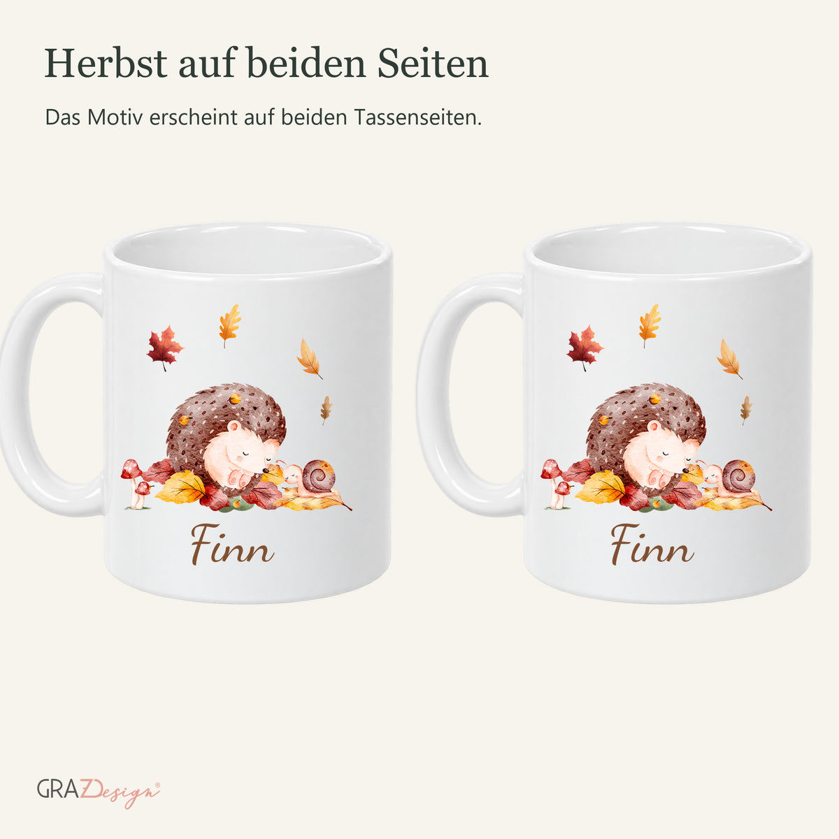 Beide bedruckten Seiten der Herbsttasse mit igel und Name