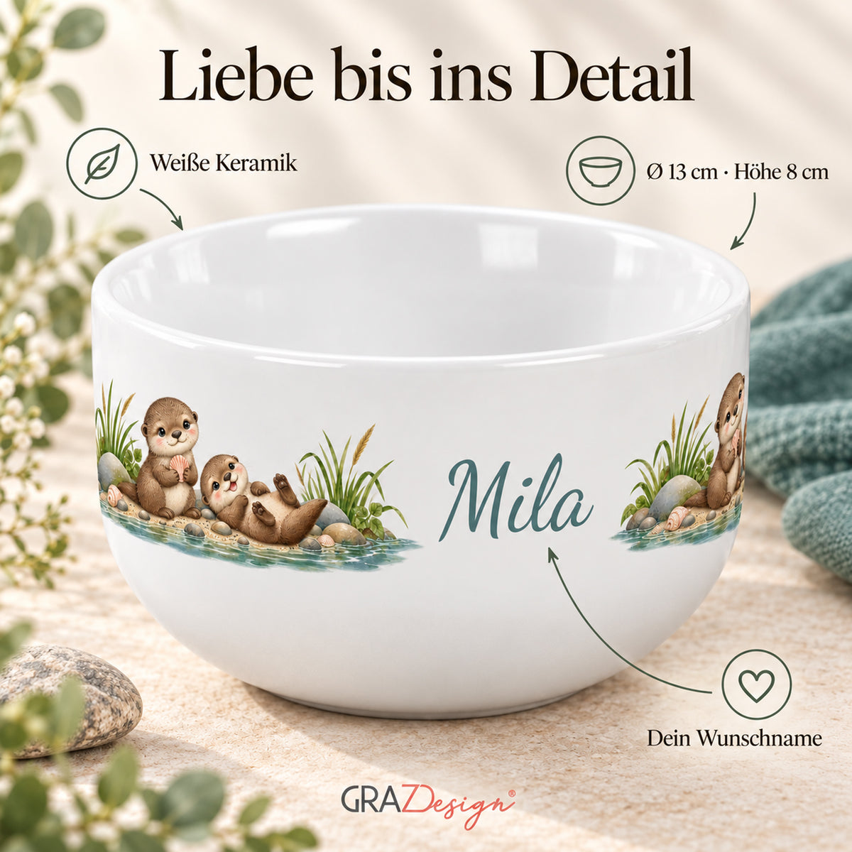 Produktdetails: weiße Keramik, 13 cm Durchmesser und 8 cm Höhe – Müslischale Otter Muschelglück, Beispielname Mila