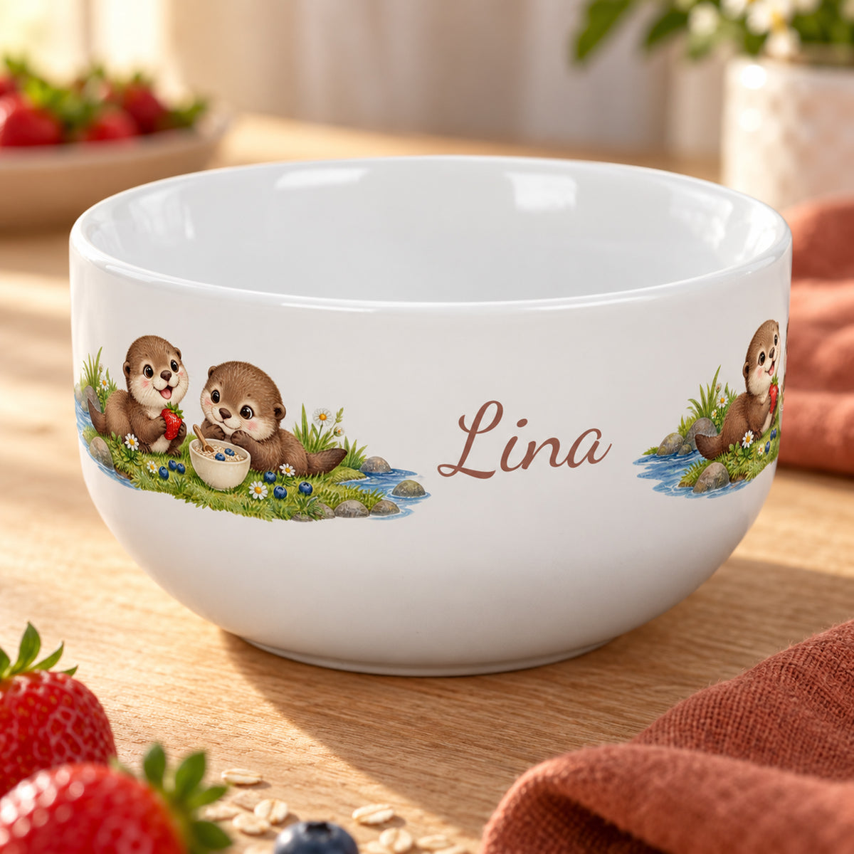 Vorderansicht – Müslischale Otter Kleines Frühstück, Beispielname Lina