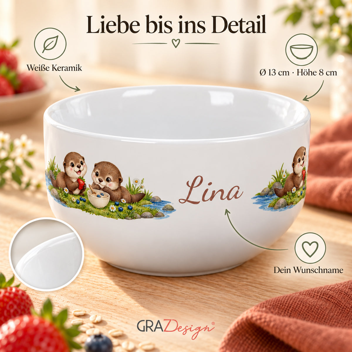 Produktdetails: weiße Keramik, 13 cm Durchmesser und 8 cm Höhe – Müslischale Otter Kleines Frühstück, Beispielname Lina