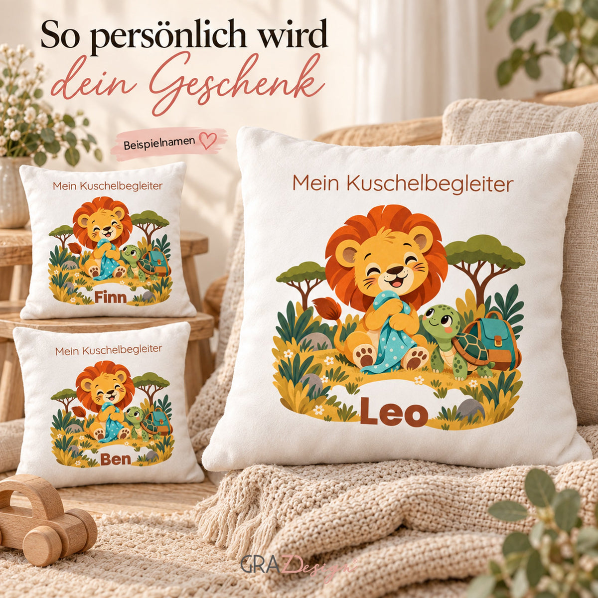 Personalisierter Löwe-Kissenbezug mit Mein Kuschelbegleiter – Ansicht 5