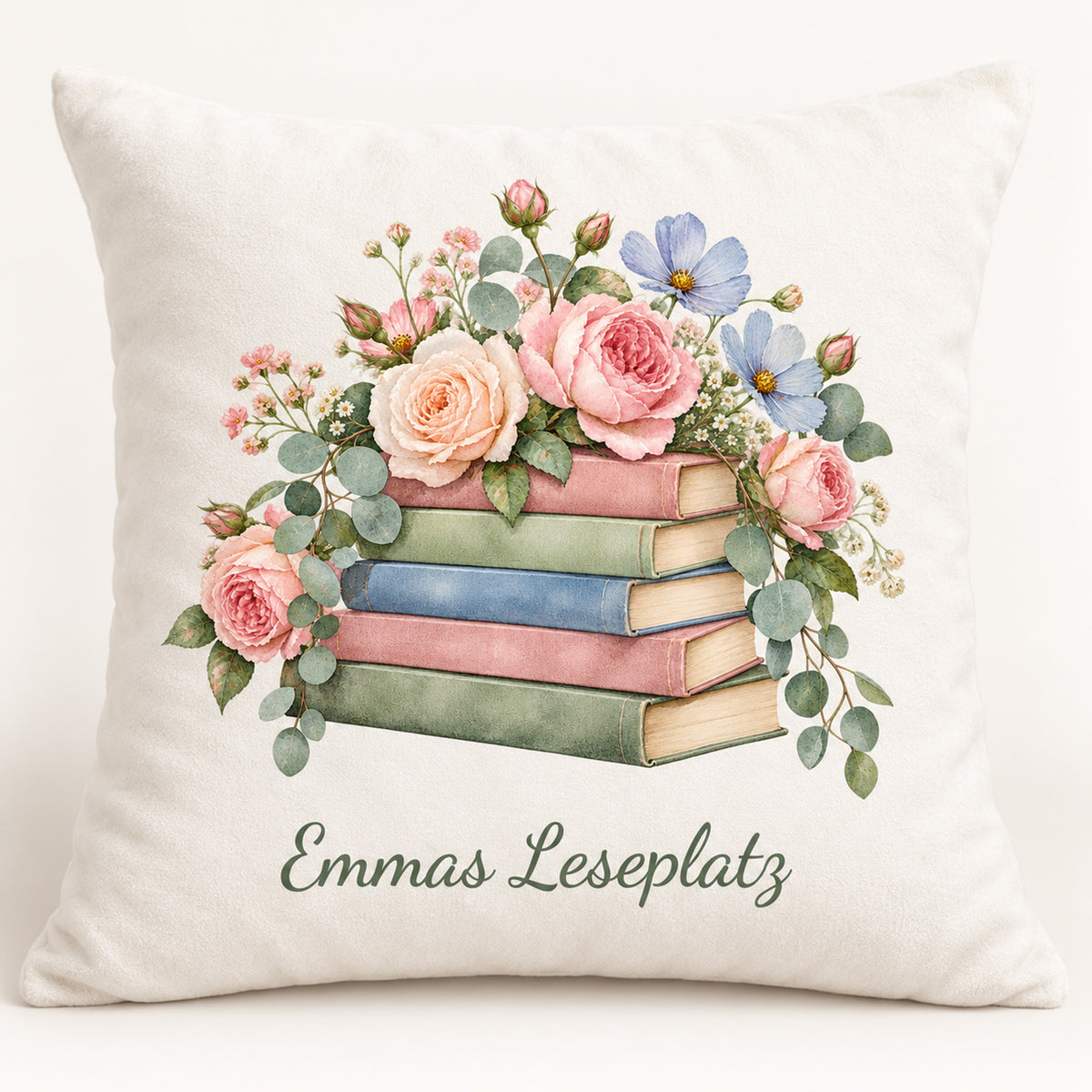 Personalisierter Kissenbezug 40 × 40 cm – Romantisches Aquarell mit Bücherstapel und Blumen