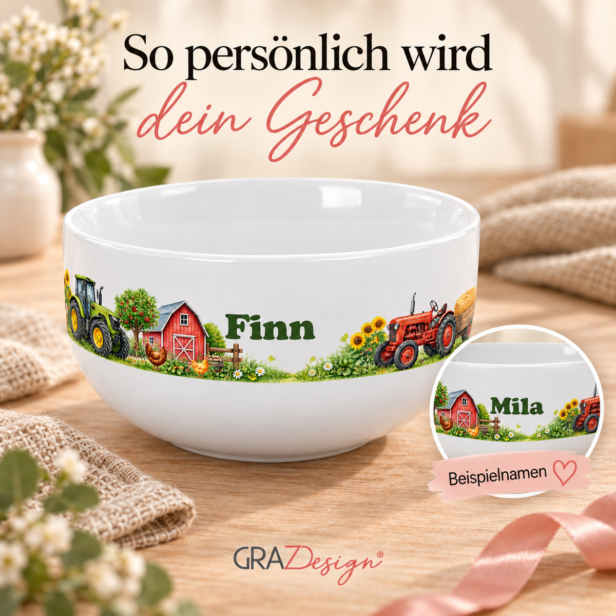 Personalisierte Müslischale Traktor – Bunter Bauernhof – Ansicht 5