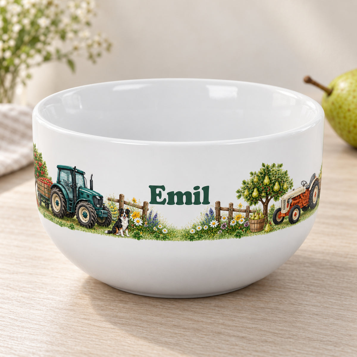 Personalisierte Müslischale Traktor – Unterwegs im Obstgarten – Ansicht 1