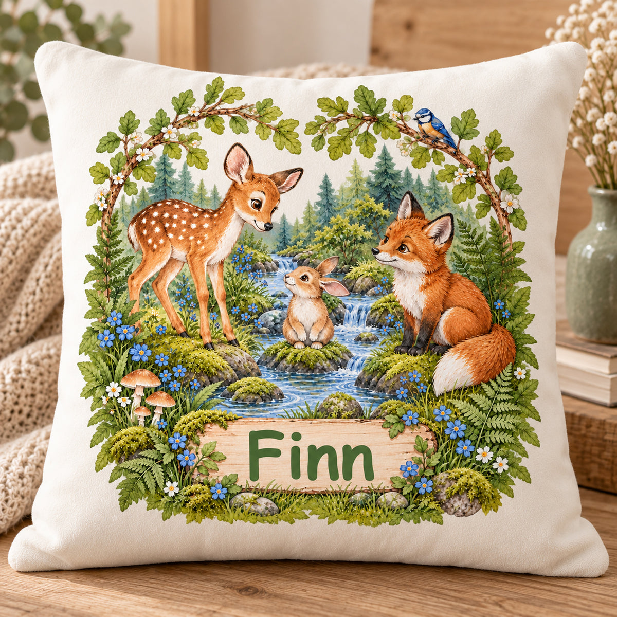 Große frontale Motivansicht des Waldtier-Kissens „Entdeckung am Waldbach“ mit Namensbeispiel Finn; der gesamte Bezug bleibt sichtbar.
