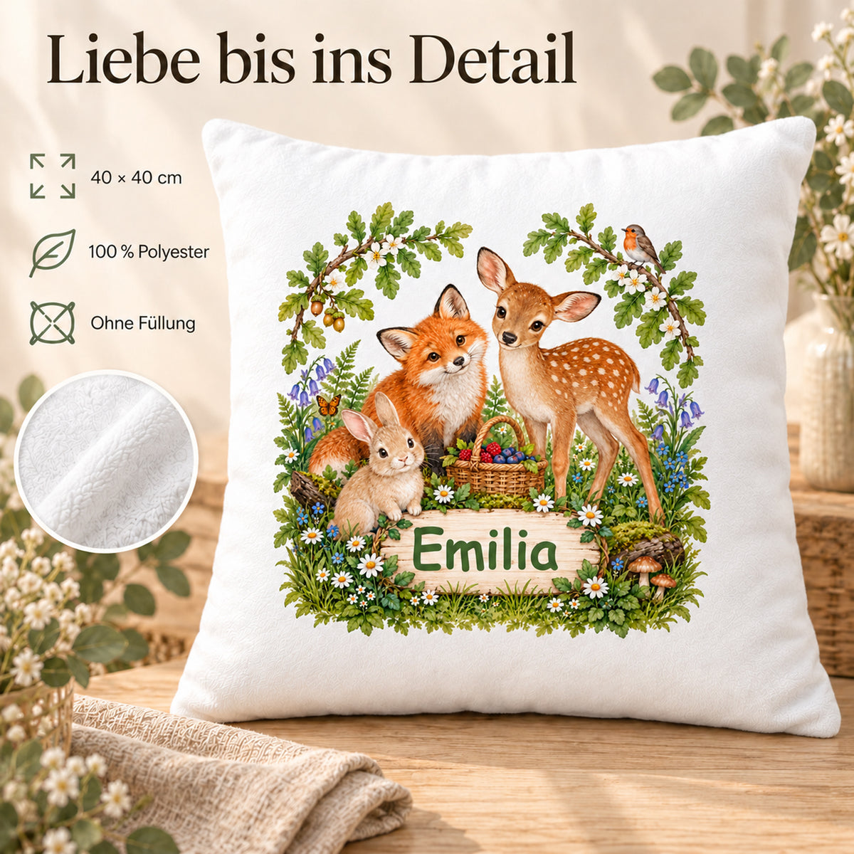 Produktdetails des Waldtier-Kissenbezugs: 40 × 40 cm, 100 % Polyester, Bezug ohne Füllung.