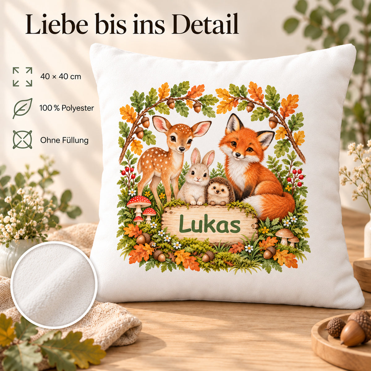 Produktdetails des Waldtier-Kissenbezugs: 40 × 40 cm, 100 % Polyester, Bezug ohne Füllung.
