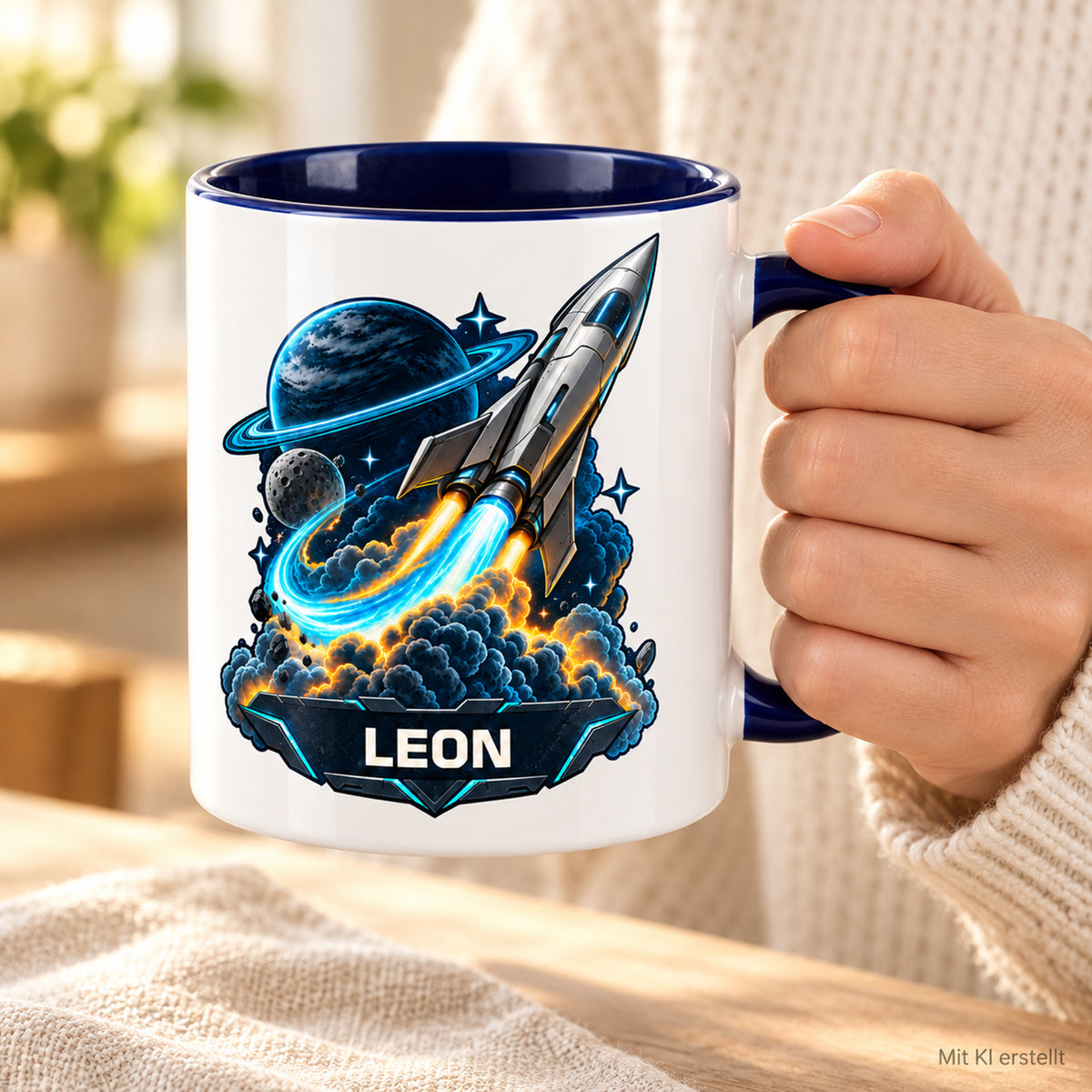 Tasse Neonstart in einer Hand, Beispielname LEON, mit KI erstellt