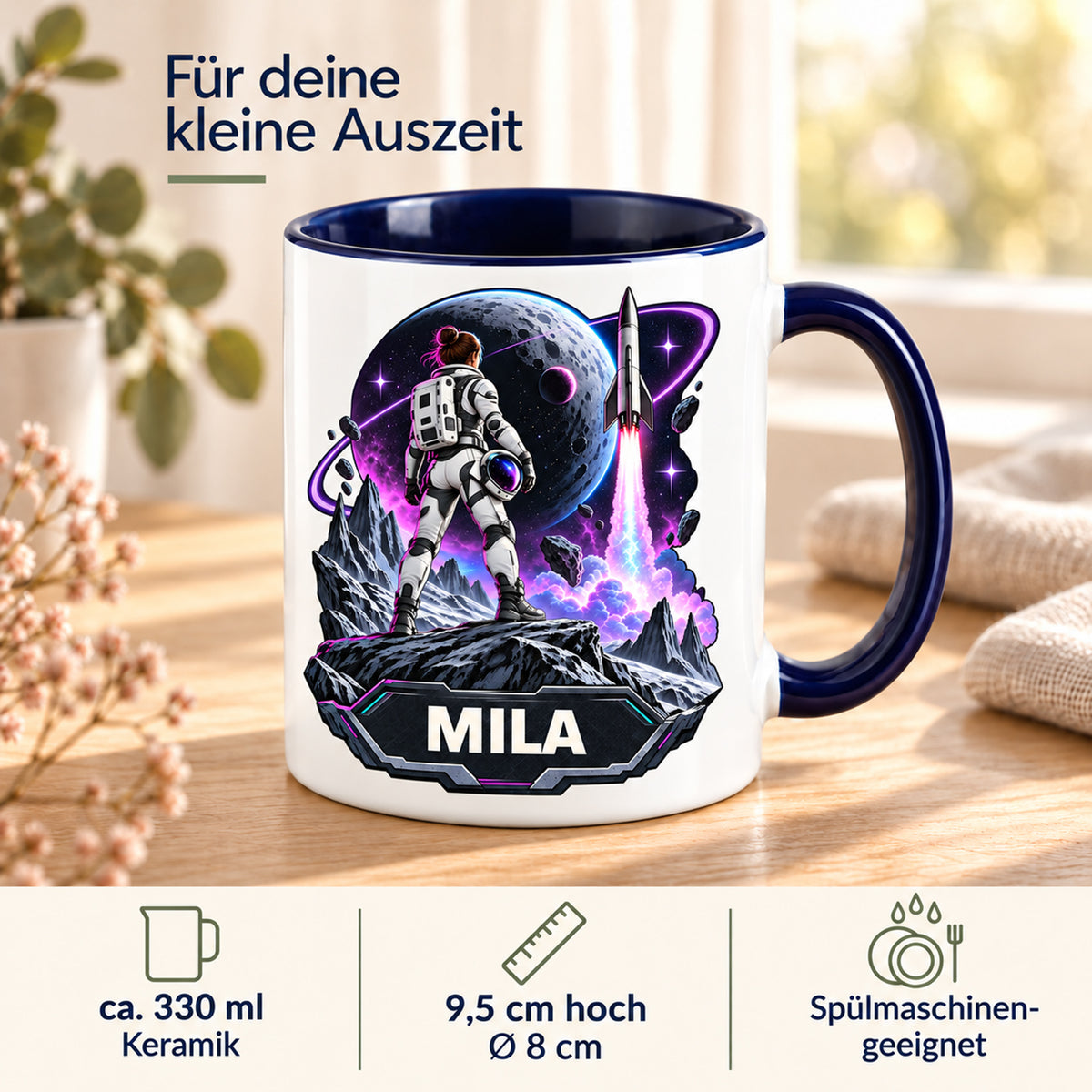 Eigenschaften der Tasse Mondmission: ca. 330 ml Keramik, 9,5 cm hoch, Ø 8 cm, spülmaschinengeeignet