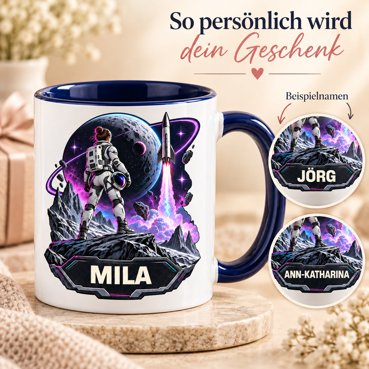 Namensbeispiele der Tasse Mondmission: MILA, JÖRG und ANN-KATHARINA