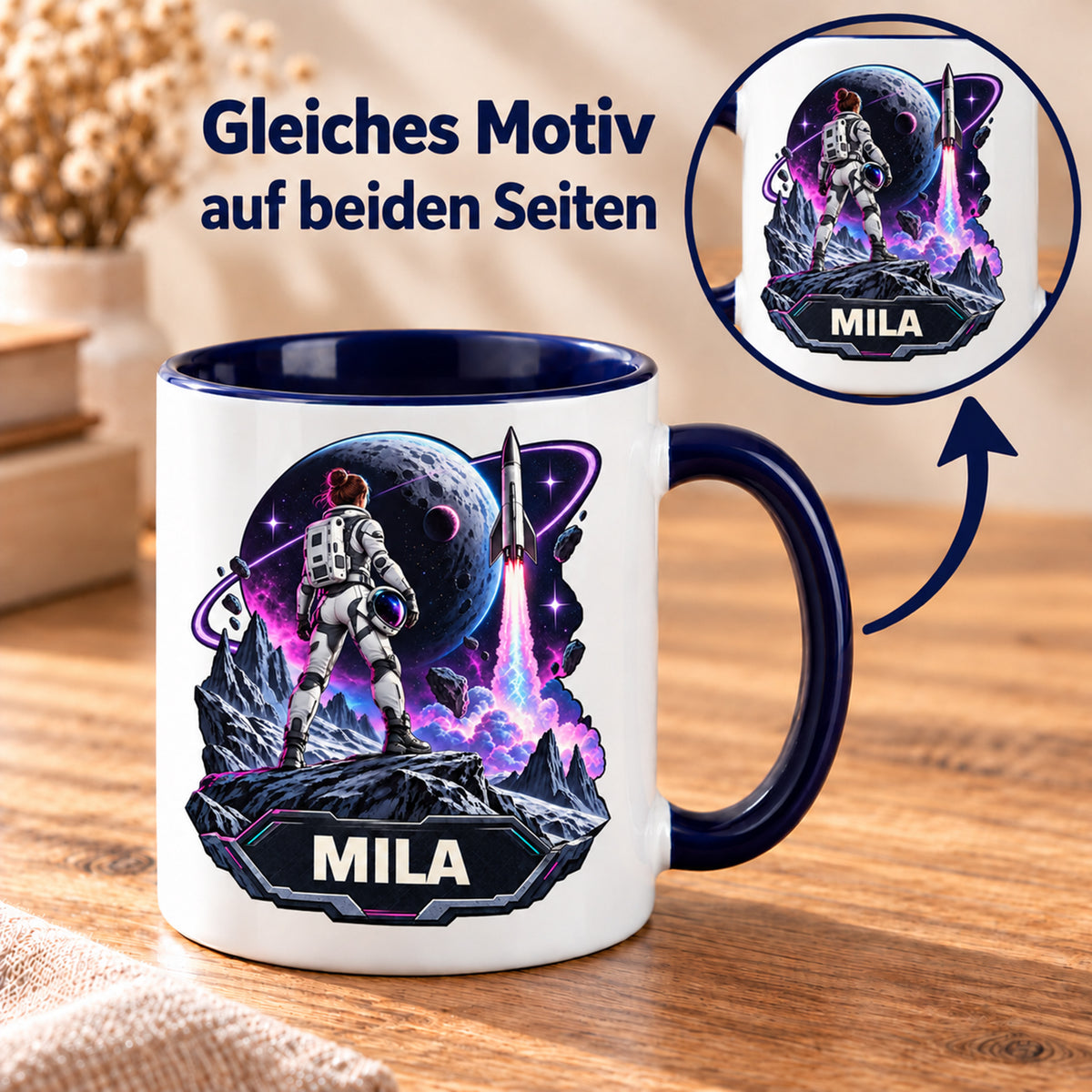 Tasse Mondmission mit MILA, Pfeil und Detailansicht: gleiches Motiv auf beiden Seiten