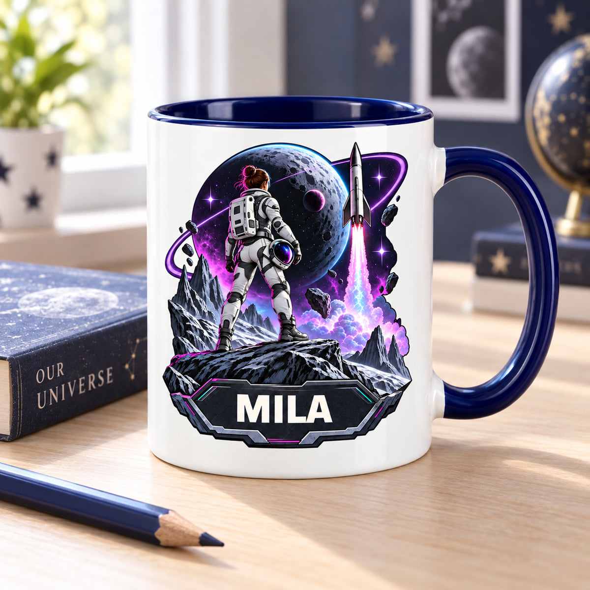 Weltall-Tasse Mondmission mit Beispielname MILA auf einem Schreibtisch