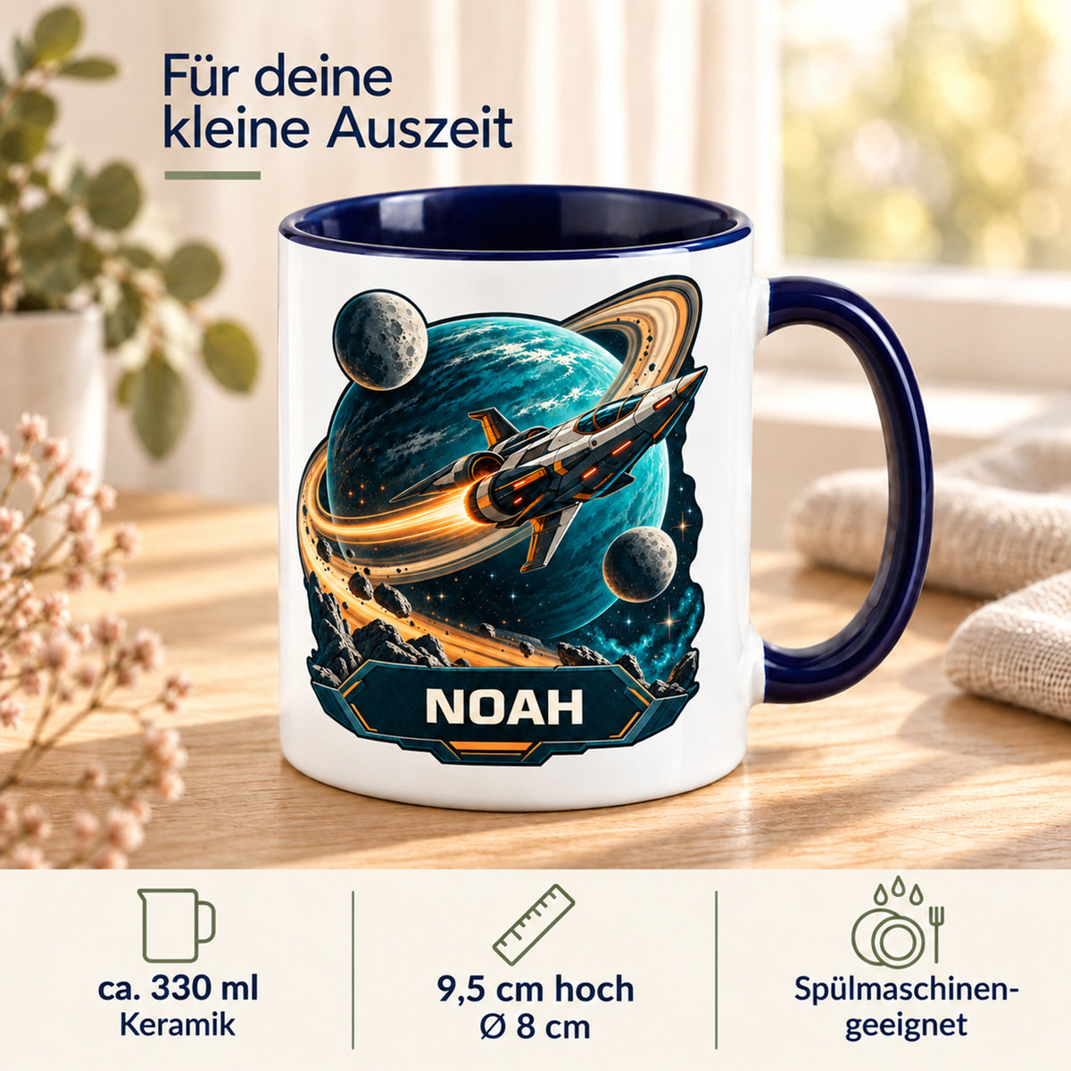 Eigenschaften der Tasse Ringplanet: ca. 330 ml Keramik, 9,5 cm hoch, Ø 8 cm, spülmaschinengeeignet