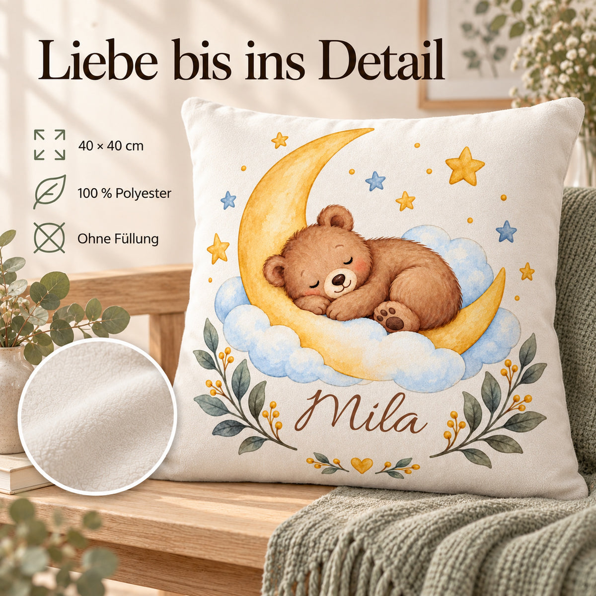Goldener Mond: personalisierter Kissenbezug mit Bär, Mond und Beispielname Mila – Produktdetails