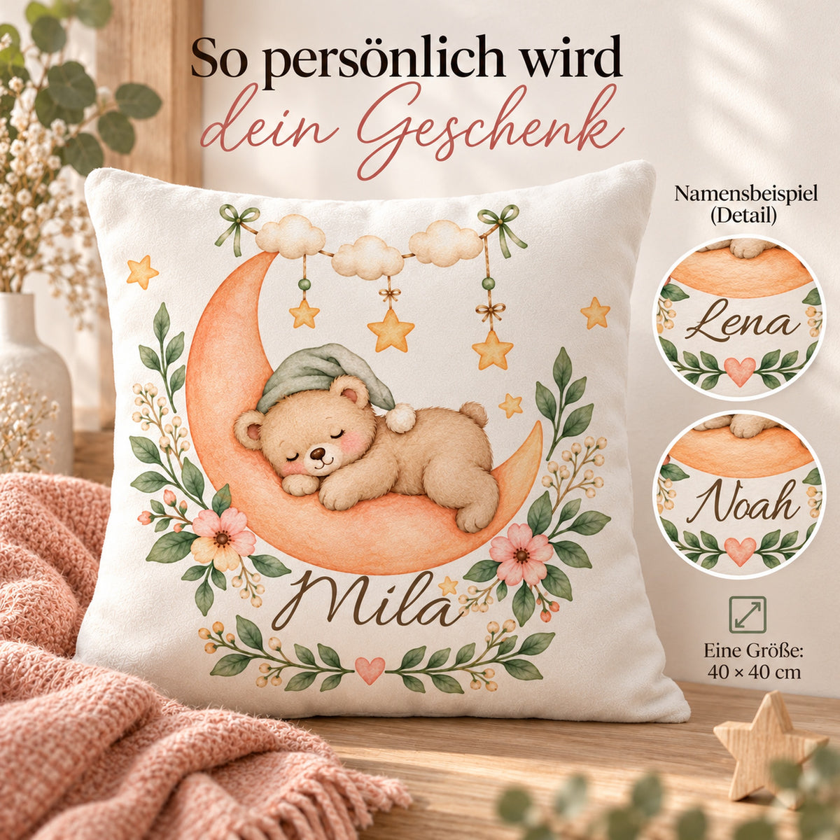 Traumreise in Pfirsich: personalisierter Kissenbezug mit Bär, Mond und Beispielname Mila – Personalisierung