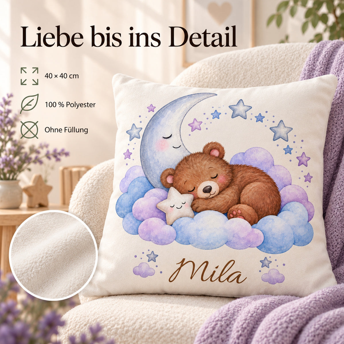 Silberne Wolkennacht: personalisierter Kissenbezug mit Bär, Mond und Beispielname Mila – Produktdetails