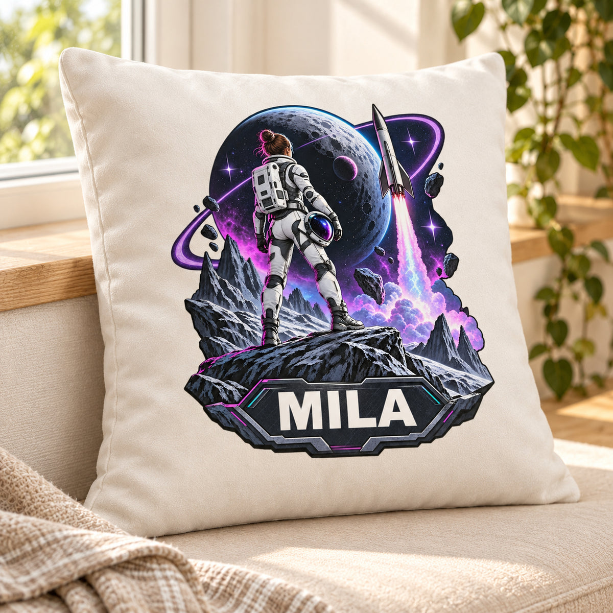 Schrägansicht: personalisierter Dekokissenbezug Mondmission mit Astronautin und Mond und Beispielname MILA; 40 × 40 cm.