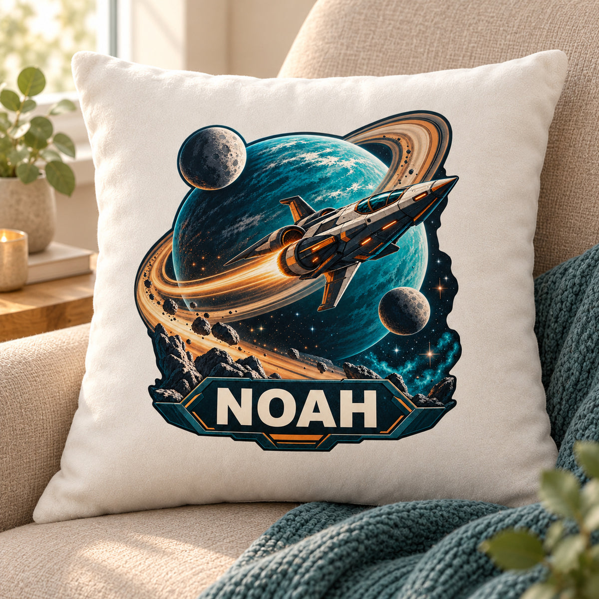 Wohnszene: personalisierter Dekokissenbezug Ringplanet mit Raumschiff und Ringplanet und Beispielname NOAH; 40 × 40 cm.